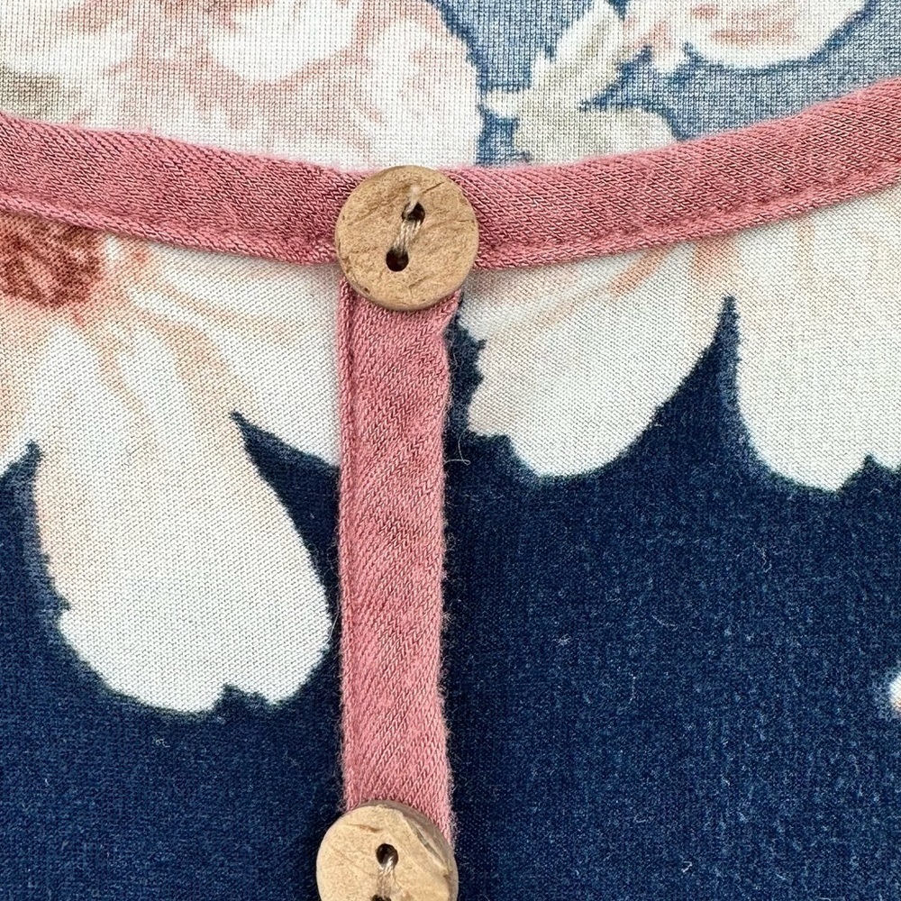 PS Kate Women’s Navy Flowy Floral Pink Trim Gathered Waist 3/4 Sleeves Top Sz Lg - Picture 6 of 8